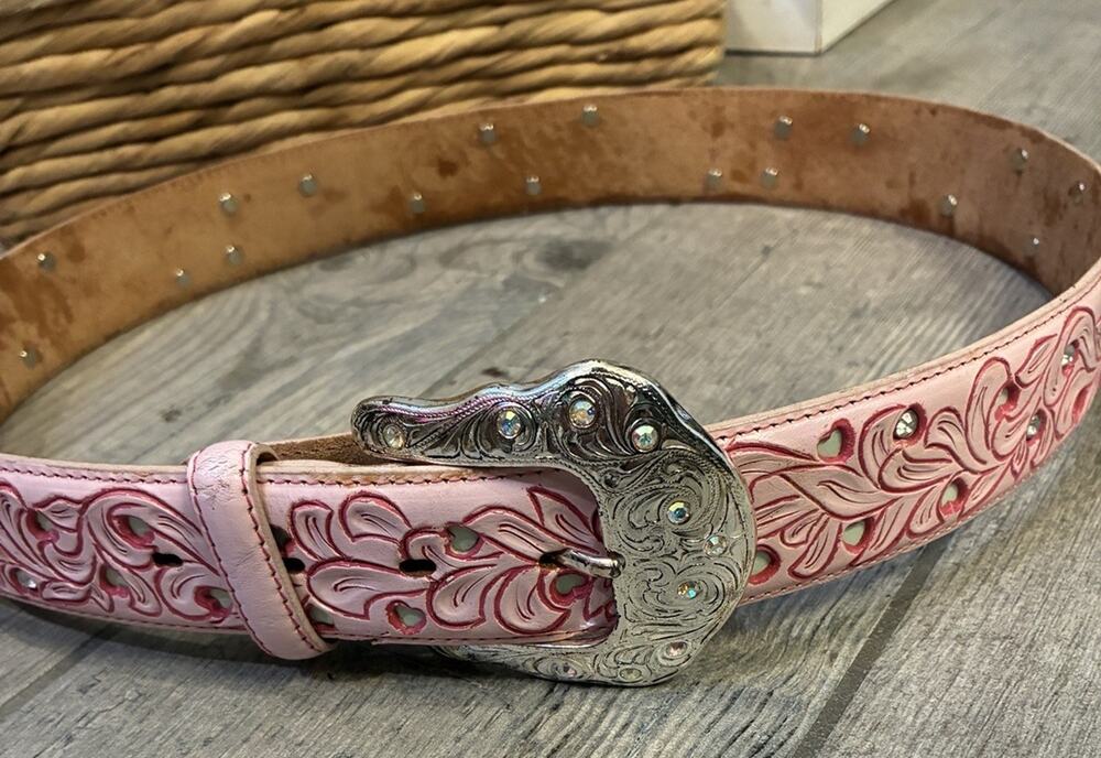 Vintage Tony Lama Pink Leather Western Bling Belt 36 Tooled Hearts Rhinestone Lg